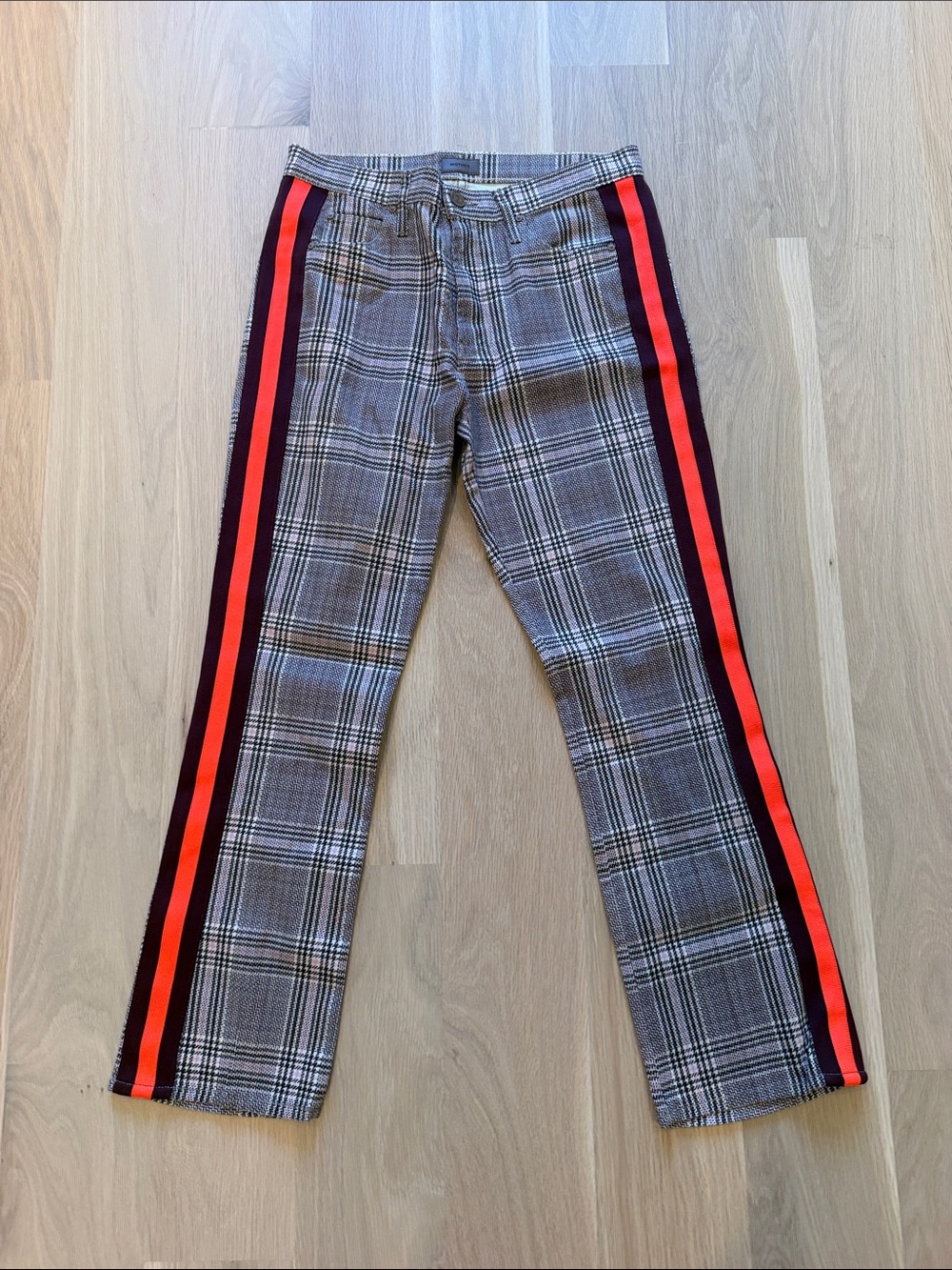 Mother Woman’s Brown/Pink Plaid Jeans with Red Accent Stripes Size 27